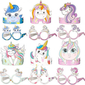 Set de 12 masti si 12 ochelari cu unicorni pentru copii Qpout, carton, multicolor