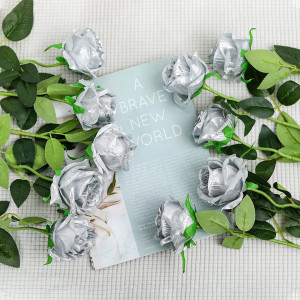 Set de 12 trandafiri artificiali Hawesome, matase/plastic, argintiu/verde, 52 x 7 cm - Img 3