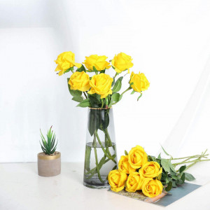 Set de 12 trandafiri artificiali Hawesome, matase/plastic, galben/verde, 52 x 7 cm - Img 7