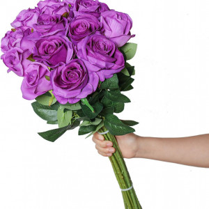 Set de 12 trandafiri artificiali Hawesome, matase/plastic, violet/verde, 52 x 7 cm - Img 4