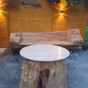 Set de 2 banci cu masa rotunda din lemn masiv de rasinoase - mobilier rustic pentru gradina/ terasa (banci 2-3m, grosime 70-100cm)
