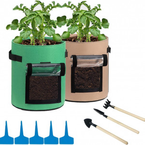 Set de 2 saci pentru plante 3 unelte si 5 etichete Yokawe, textil/metal/lemn/plastic, multicolor, 44 x 36,3 cm / 22 cm / 21 cm / 20 cm