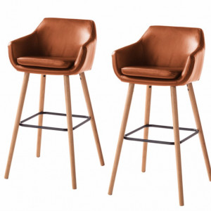 Set de 2 scaune de bar Nicholas I din piele sintetica/stejar/metal, maro, 55 x 101 x 54 cm - Img 1