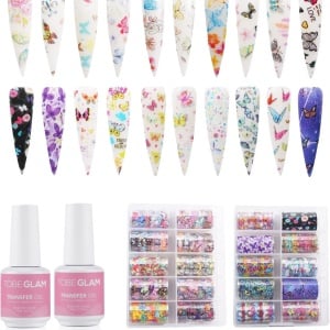 Set de 20 stickere pentru unghii si 2 recipiente cu gel Tobeglam, plastic, multicolor