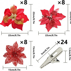 Set de 24 flori pentru bradul de Craciun MEIYIFAN, textil/plastic, rosu/auriu, 15/22 cm