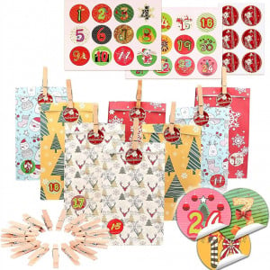 Set de 24 pungi cu autocolante si clipsuri pentru calendar de advent Kateluo, hartie/lemn, multicolor, 22 x 8 x 12 cm /4 cm