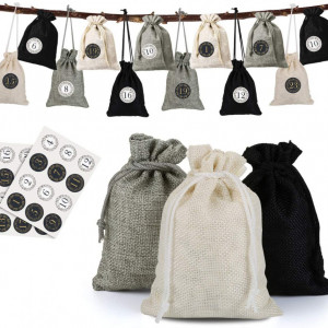 Set de 24 saculeti cu autocolante pentru calendar de advent Naler, textil/hartie, alb/negru/gri, 10 x 14 cm/ 4 cm
