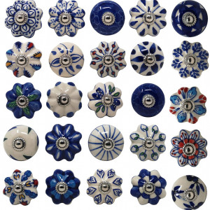 Set de 25 butoane pentru sertare/dulapuri Ajuny, ceramica, albastru/alb, 35 x 40 mm