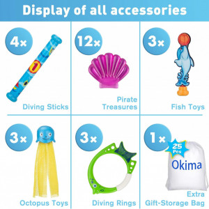 Set de 25 jucarii pentru scufundari in piscina Okima, ABS, multicolor