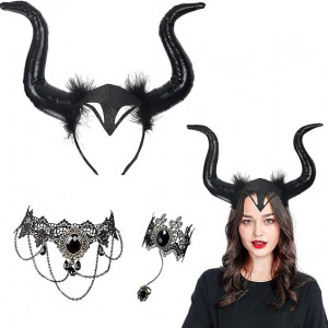 Set de 3 bentite Queen Horns Headpiece de Halloween, plastic, negru,