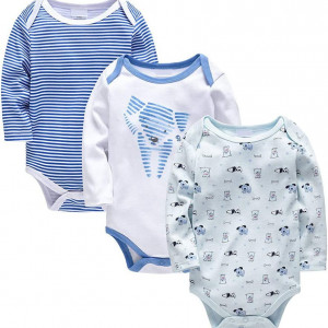 Set de 3 body-uri pentru bebelusi JiAmy, bumbac, alb/albastru, 6-9 luni - Img 1