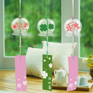 Set de 3 clopotei de vant Tuxuzal, sticla, verde/roz, 40 cm 