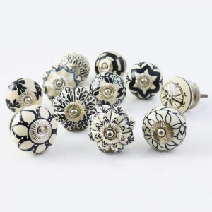 Set de 30 butoane pentru sertare/dulapuri Ajuny, ceramica, negru/alb, 50 x 38 mm