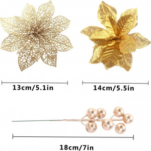 Set de 30 flori artificiale pentru bradul de Craciun Awonlate, plastic, auriu, 13/14/18 cm - Img 6