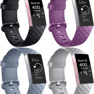 Set de 4 bratari de inlocuire pentru Fitbit Charge 3 AK, TPU, negru/gri/albastru/violet, 180 - 220 mm - Img 1