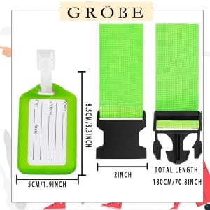 Set de 4 curele si 4 etichete pentru bagaje  LadayPoa, poliester/plastic, verde/negru, 180 x 5 cm