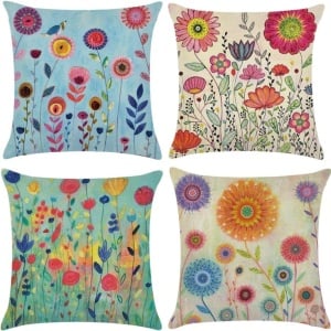 Set de 4 huse pentru perna Coyvesar, model floral, bumbac/in, multicolor, 45 x 45 cm