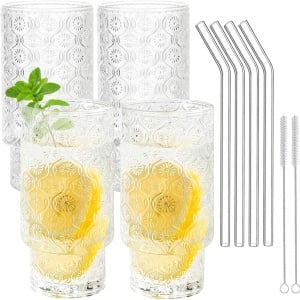 Set de 4 pahare cu paie si 2 perii Upzai, sticla, transparent, 350 ml