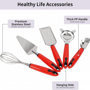 Set de 5 ustensile de bucatarie SAVORLIVING, otel inoxidabil/PP, rosu/argintiu - Img 7