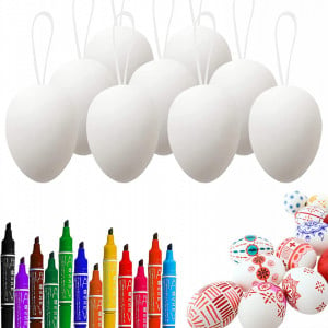 Set de 50 oua si 12 creioane colorate pentru pictat de Paste JINOO, plastic, multicolor, 6 x 4 cm / 12 cm