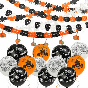 Set de 6 ghirlande si 12 baloane pentru Halloween Koogel, alb/negru/portocaliu, hartie/latex - Img 1