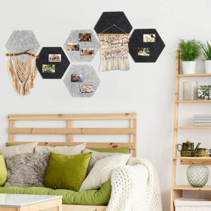 Set de 6 placi hexagonale pentru mesaje/decoratiuni SallyFashion, pasla/spuma, negru/gri, 17,5 x 15,5 x 1,5 cm