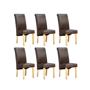 Set de 6 scaune de living Cambridge, piele sintetica maro, picioare lemn natur
