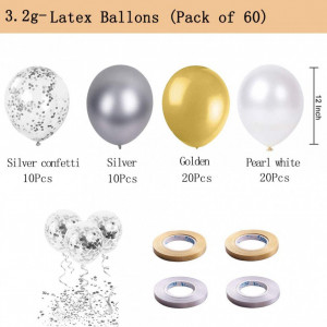 Set de 60 baloane si 4 role de panglica Elion, alb/argintiu/auriu, latex, 30 cm - Img 3