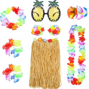 Set de 8 fuste cu accesorii pentru petrecere Hawaiiana, textil/plastic, multicolor, 60 cm 