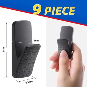 Set de 9 carlige autoadezive Aloceo, plastic, negru, 8 x 3,2 x 3 cm