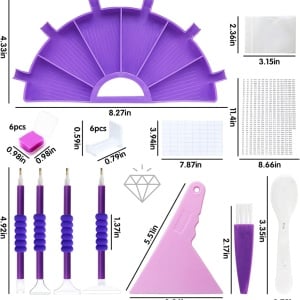 Set de accesorii pentru pictura cu diamant Carreuty, plastic, mov/alb/roz, 16 piese