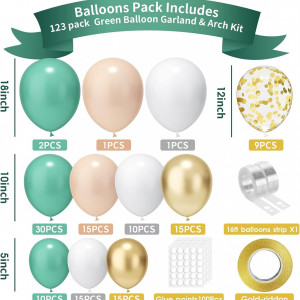 Set de baloane pentru arcada BIIOONES, latex, alb/auriu/verde, 123 piese