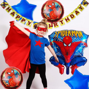 Set de banner si 5 baloane cu Spider-Man pentru aniversare copii Miotlsy, folie, multicolor, 45 cm 