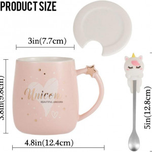 Set de cana cu lingurita si capac Binoster, model unicorn, roz, ceramica, 380 ml, 12,4 x 9,8 x 7,7 cm - Img 2