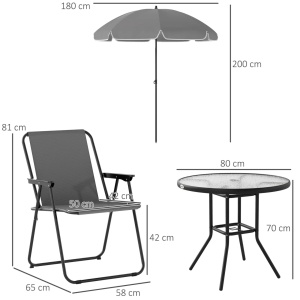 Set de gradina 6 piese, masa rotunda Ø80 cm, 4 scaune pliabile, umbrela Ø180 cm, blat sticla securizata, otel acoperit cu pulbere, textilina 530gsm, gri si negru - Verificat A · Re-Bloom - Img 3
