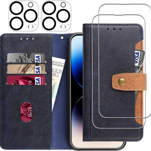 Set de husa cu 2 folii de protectie ecran si 2 pentru camera compatibil cu iPhone 14 Pro Max Gimane, piele PU/sticla securizata, albastru inchis, 6,7 inchi