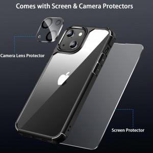 Set de husa cu folii de ecran si camera compatibil cu iPhone 14 Plus Amizee, TPU/sticla securizata, negru/transparent, 6,7 inchi - Img 2