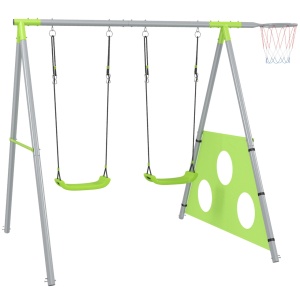 Set de joaca copii 3in1 cu leagan, cos baschet, poarta fotbal, 238x180x182cm, Verde/Gri - Verificat A · Re-Bloom