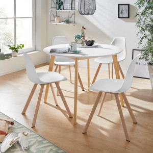 Set de living Veneto / Cody masa + 4 scaune, MDF/plastic, alb, diamentru 105 cm