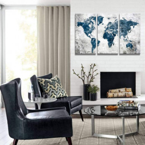 Set de tablouri KEKEMONO, 3 piese, model harta lumii, panza, gri/albastru inchis, 40 x 80 cm - Img 5
