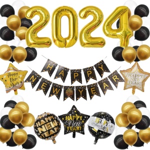 Set decoratiuni pentru revelion LyximGss, anul 2024, folie/hartie/latex, negru/alb/auriu, 67 piese