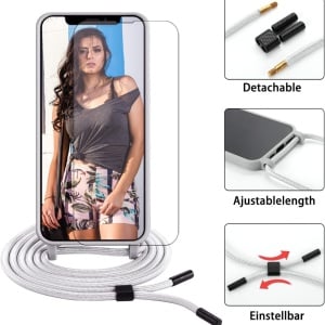 Set husa cu snur si 2 folii de protectie pentru iPhone 13 Pro Gumo, TPU/poliester/sticla securizata, gri deschis/transparent, 6,1 inchi