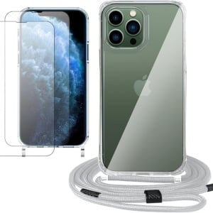 et husa cu snur si 2 folii de protectie pentru iPhone 13 Pro Gumo-Long, poliester/TPU/sticla, gri/transparent, 6,1 inchi