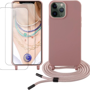 Set husa cu snur si 2 folii de protectie pentru iPhone 13 Pro Gumo-Long, poliester/TPU/sticla, roz/transparent, 6,1 inchi