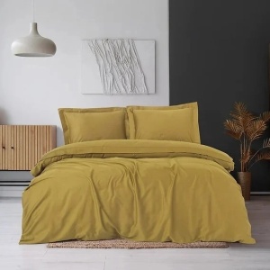 Set husa pilota + fata de perna, satin bumbac 100%, 135x200 cm + 80x80 cm, galben mustar - Verificat A · Re-Bloom