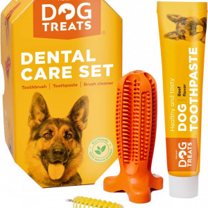 Set ingrijire dentara pentru caini Natural Dog, periuta si pasta de dinti, cauciuc, portocaliu, marimea S