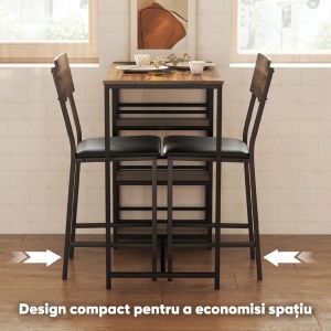 Set masa de bar cu 3 rafturi si 2 scaune Re-Bloom, otel/MDF/piele PU/spuma, masa 90x50x90.5 cm + 2 scaune 40x46x97 cm, suport picioare, 80/130 kg, nuc/negru - Verificat A · Re-Bloom - Img 4