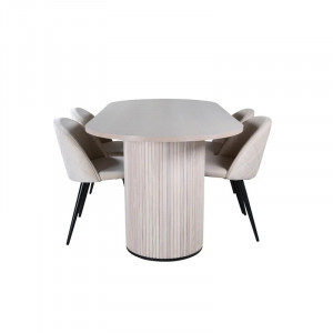 Set masa si 4 scaune Genebern, lemn masiv/MDF/catifea, alb/negru