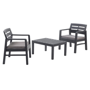 Set mobilier terasa/gradina, Progarden, LOMBOK, 3 piese, polipropilena, antracit, 2 scaune 63x58x74 cm, masa 74x55x38 cm, cu perne incluse, Resigilat, Grad A
