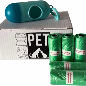 Set suport si 300 saci pentru resturile animalelor Astorpet, plastic, verde/albastru